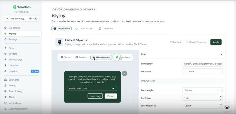 Chameleon customization and styling page.