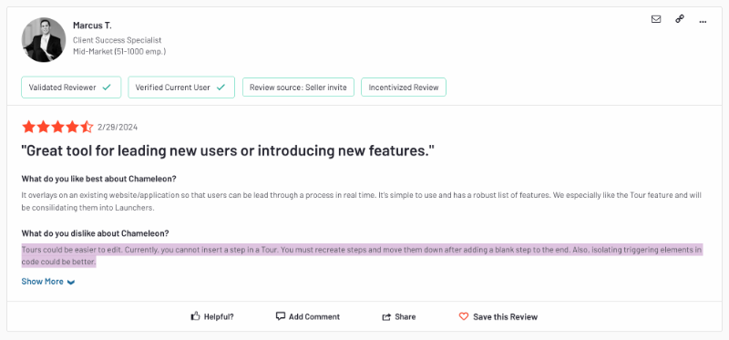 G2 review about the pros and cons of Chameleon. The customer likes the Guides feature; however, they are not happy with the editing and maintaining processes of guides, as you cannot add a step to an existing guide but need to create a guide from scratch.