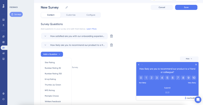 UserGuiding in-app survey question types and in-app survey builder.
