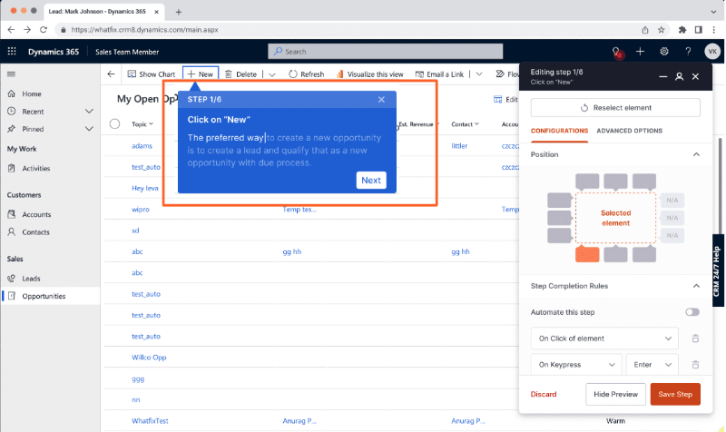 Whatfix flow builder and an example step in a guide.