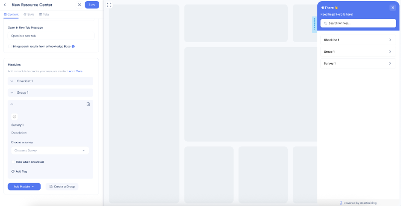 UserGuiding resource center builder and preview.