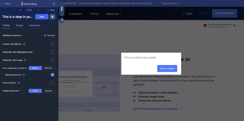 UserGuiding guide builder and an example step.