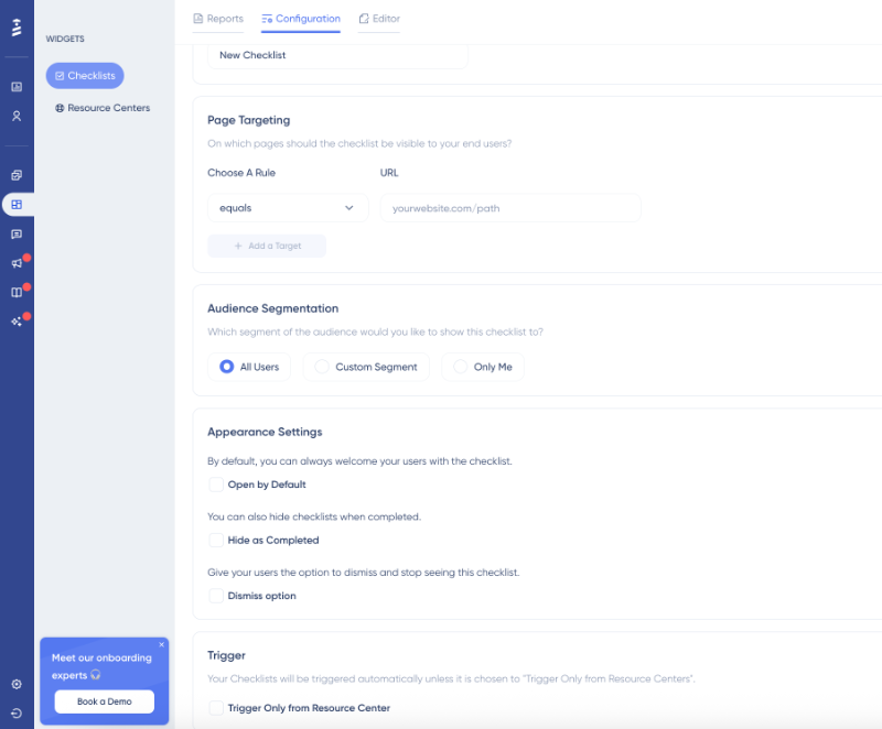 UserGuiding onboarding checklist configurations page.