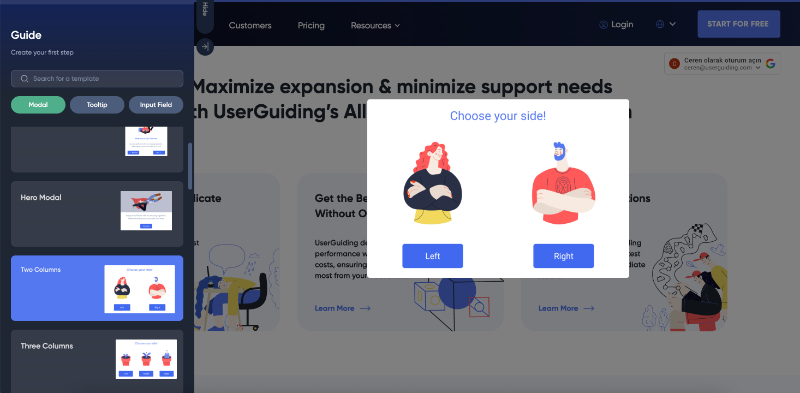 UserGuiding double button welcome modal for multi-pathway guidance.