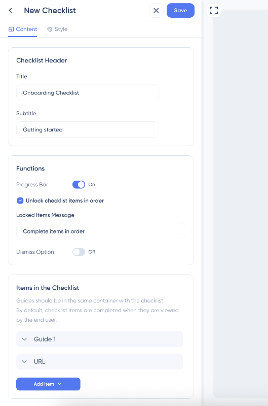 UserGuiding onboarding checklist editor.