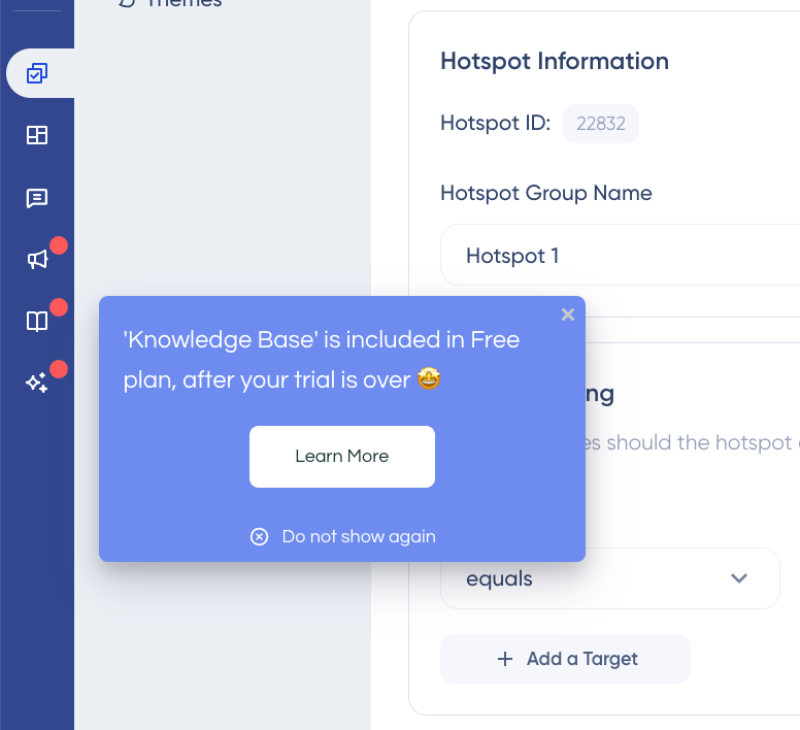Example hotspot from UserGuiding’s UI informing the user about the free plan.