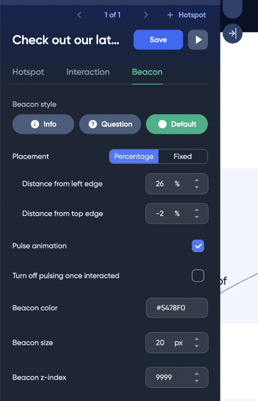 UserGuiding hotspot builder and beacon settings.