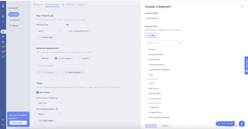 Creating a new user segment from the UserGuiding guide builder.