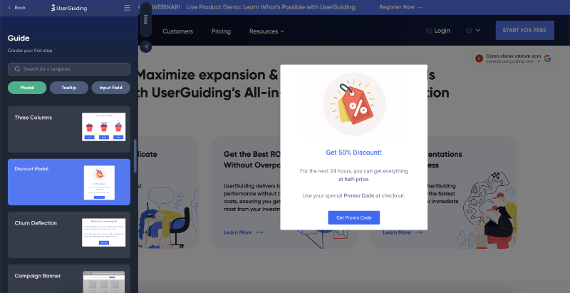 UserGuiding announcement modals and an example template for discounts.