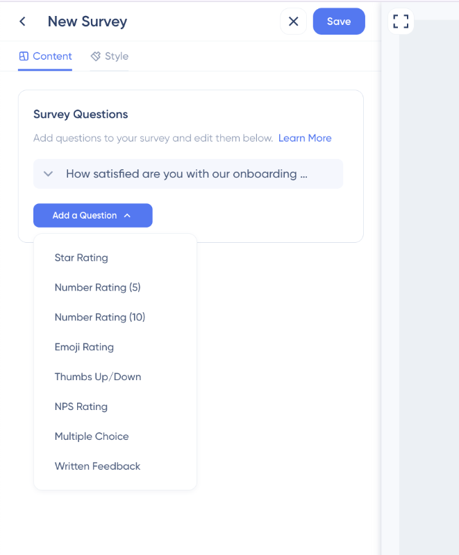 UserGuiding survey question types.