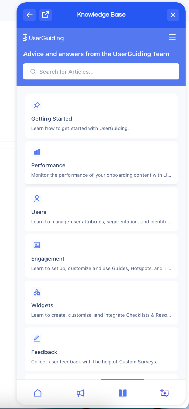 Knowledge base launched from the resource center widget.