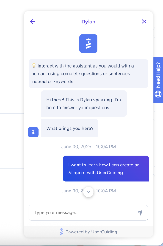 UserGuiding’s AI assistant, Dylan.