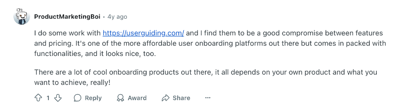Reddit comment comparing UserGuiding with other onboarding platforms in terms of price and features. They find UserGuiding packed with functionalities that exceed its price.