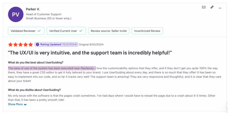 [G2 review about the pros and cons of UserGuiding. The customer loves the easy setup and code implementation processes.