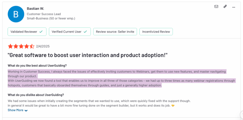 G2 review about the pros and cons of UserGuiding. The customer likes how the platform allows them to solve their different problems like customer communication, education, and feature adoption, from one place.