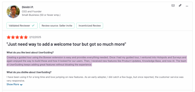 G2 review about the pros and cons of UserGuiding. The customer subscribed to the platform first for the guides, but then ventured into other features like hotspots, knowledge bases, and AI assistants.
