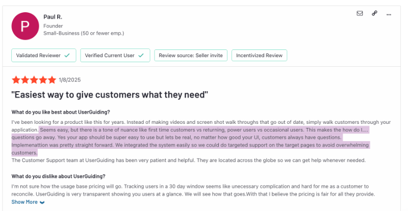 G2 review about the pros and cons of UserGuiding. The customer likes how they can personalize the flows and walkthroughs with straightforward segmentation and targeting.