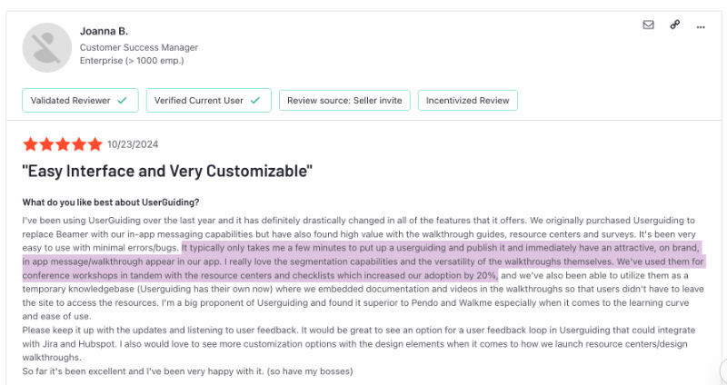 G2 review about the pros and cons of UserGuiding. The customer likes how immediately they got results and an increase in adoption after starting to use the platform.