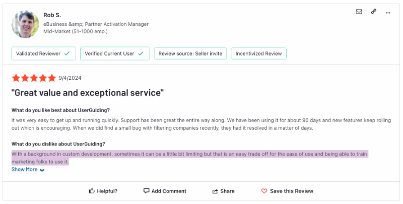 G2 review about the pros and cons of UserGuiding. The customer states that for a user with a development background, the tool can feel limited at times, but it’s understandable since the main use case is for non-technical users.