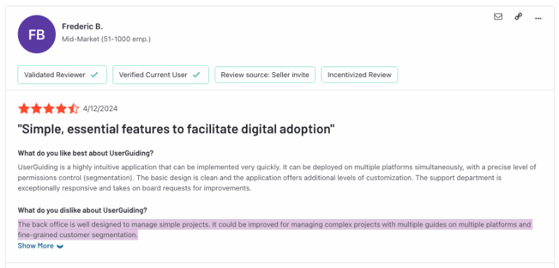G2 review about the pros and cons of UserGuiding. The customer finds the platform effective for small projects; however, they believe it can be improved, especially to support multiple platforms.