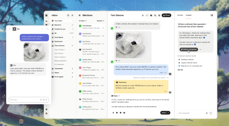 [Intercom product UI and an example interaction with Fin and Copilot.