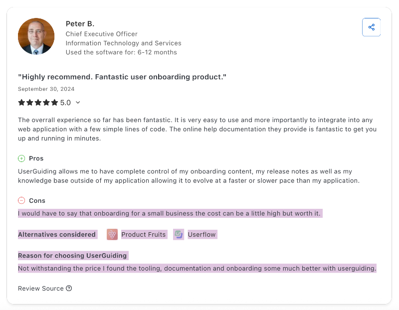 Capterra review explaining UserGuiding’s value is worth its price, even though there are cheaper alternatives like Product Fruits.