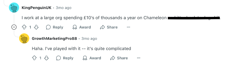 Reddit users complaining about the high costs of Chameleon.