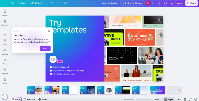 Canva basics tour and example tooltip showing the text editor on the UI.