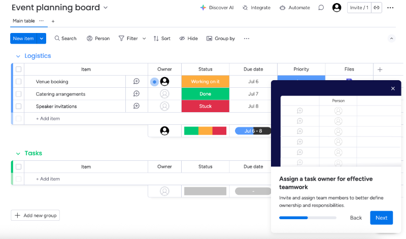 Monday.com’s slideout onboarding modal.