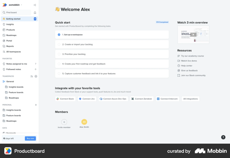 Productboard’s onboarding checklist.