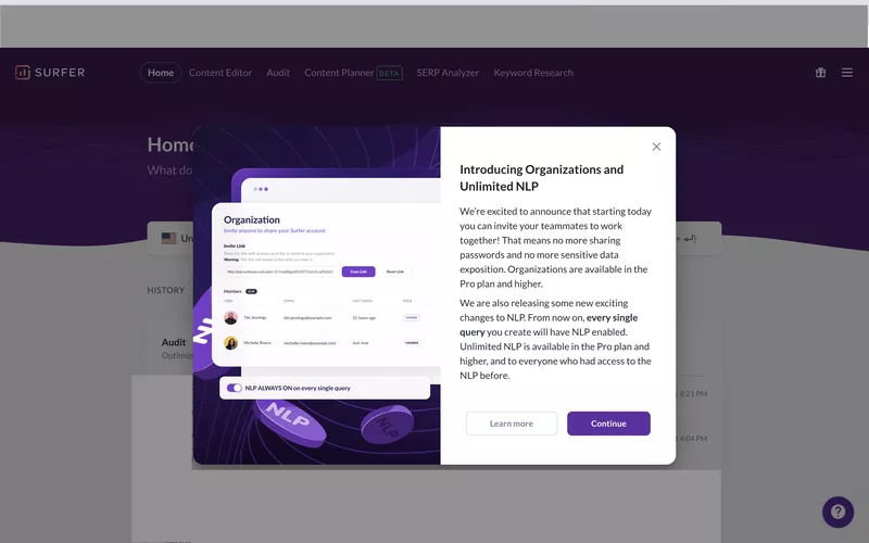 Surfer’s feature onboarding modal for its Organizations and NLP.