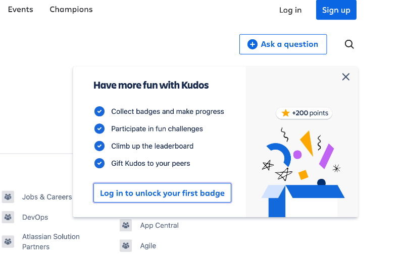 Atlassian’s slideout modal to introduce the gamified community experience.
