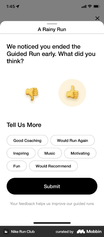 Nike Run Club’s in-app survey after an unexpected user interaction.