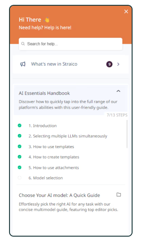 Straico’s in-app resource center and interactive guide repository.