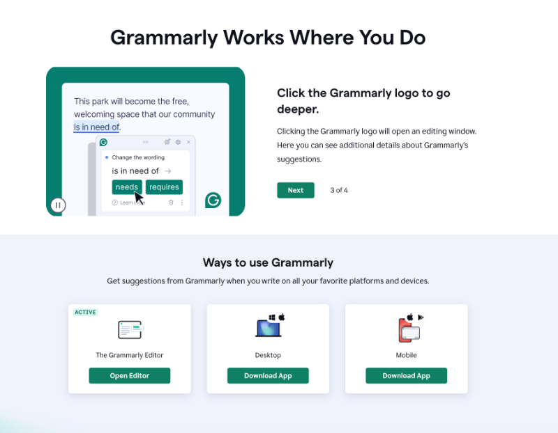 Grammarly static product tour.