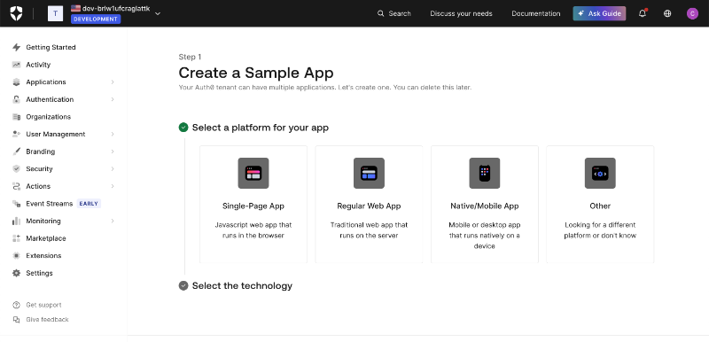 Auth0 1 step of onboarding.