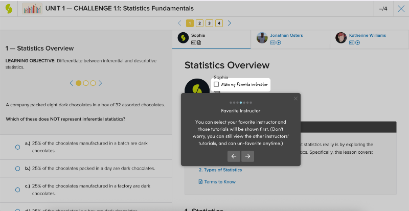 Sophia explains how to use the Favorite Instructor feature to optimize the learning experience for the user.