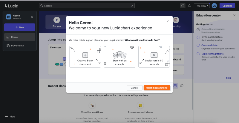 Lucidchart’s welcome modal.