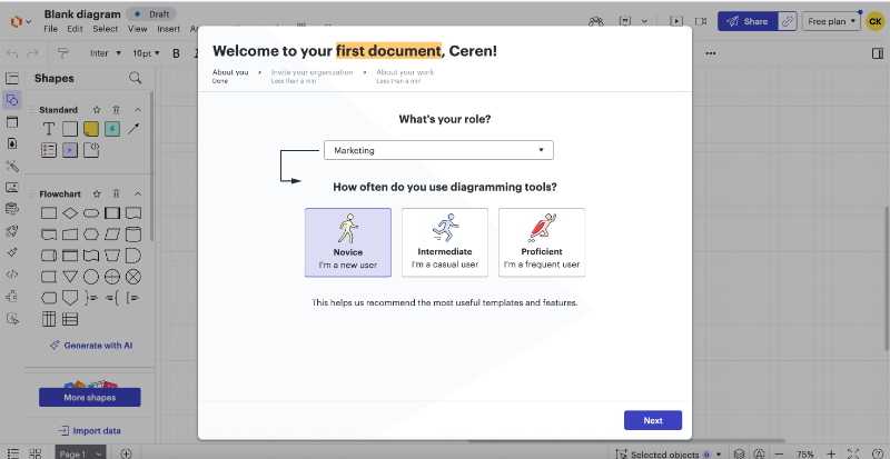 Lucidchart offers personalized onboarding with a survey modal.