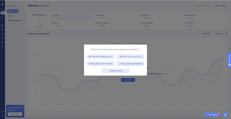 UserGuiding asks users about their use case to introduce the most relevant features.