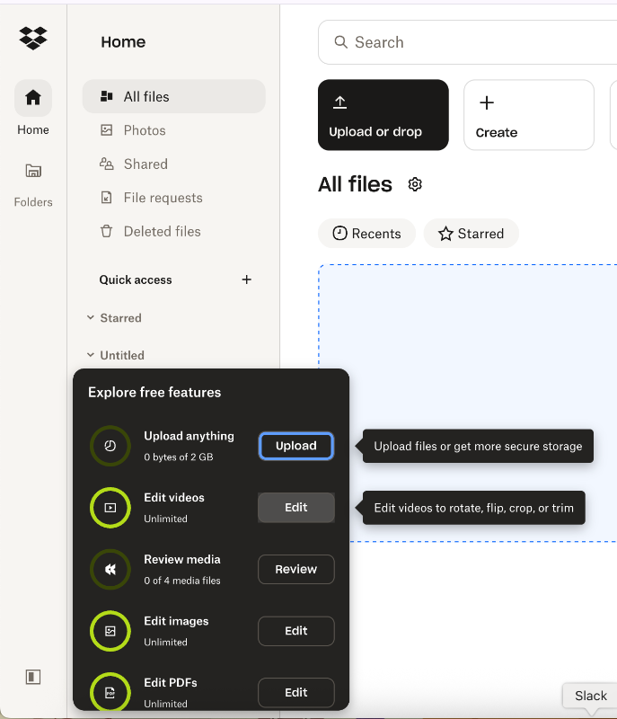 Dropbox’s free features checklist for inactive users.