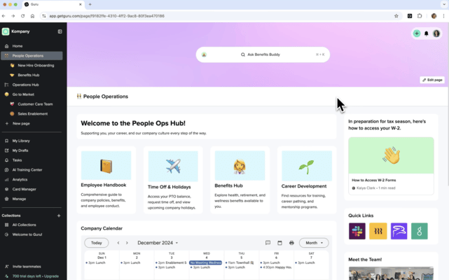 Guru’s knowledge base hub.