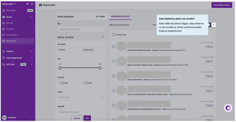 Kariyer.net's tooltip example to introduce the platform.