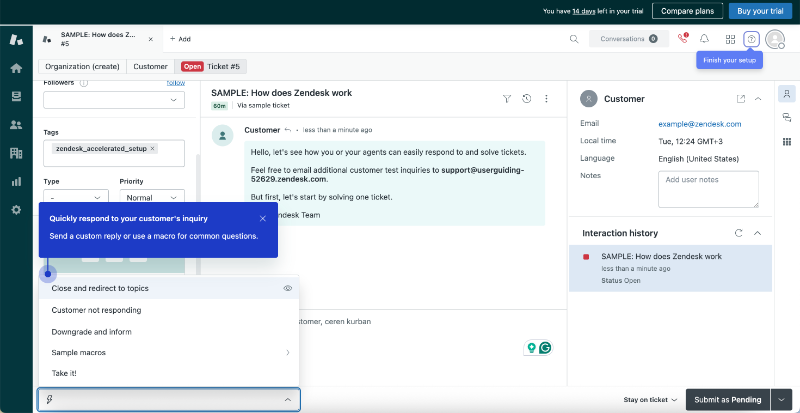 Zendesk’s walkthrough for responding to customer inquiries.
