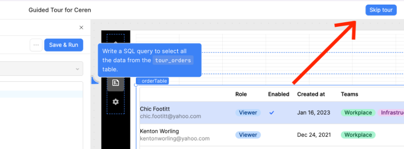 Retool allows experienced users to skip the product tour.