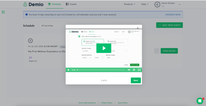 Demio’s product tour video is triggered from a UX modal.