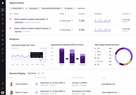 LogRocket session replay analysis dashboard