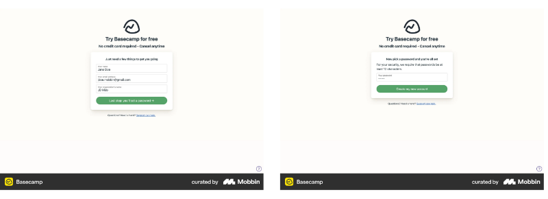 Basecamp’s sign up screen.