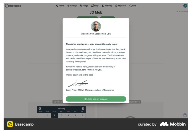 The welcome message form Basecamp’s CEO.