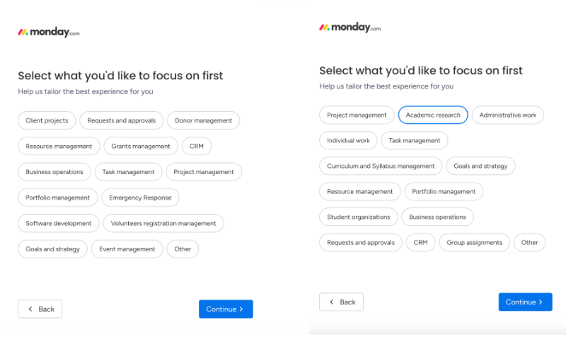 Monday’s onboarding survey follows up with use case questions relevant to your previous answers.